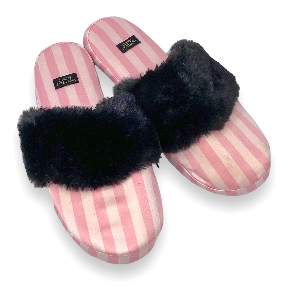 Victoria’s Secret Pink Striped Slippers Black Fur | Women’s Size Small